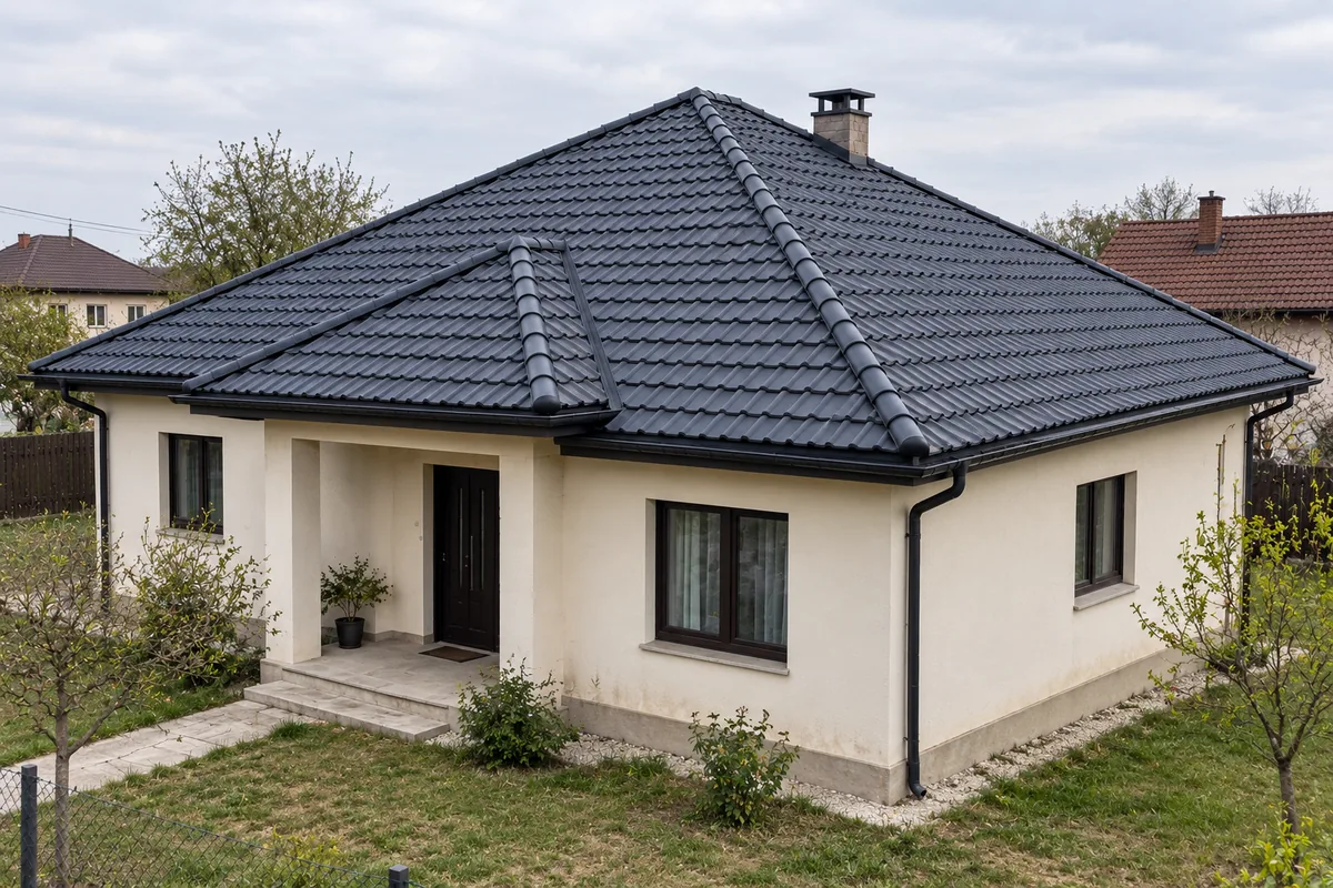 Casă cu acoperiș din țiglă metalică antracit